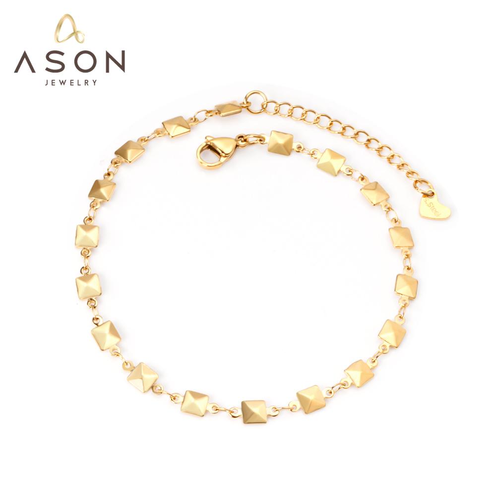 ASON Gold Color Square Charm Geometric Anklet Stainless Steel Foot Chain Beach Jewelry for Women Party Gift Fashion Jewelry asonjewelry